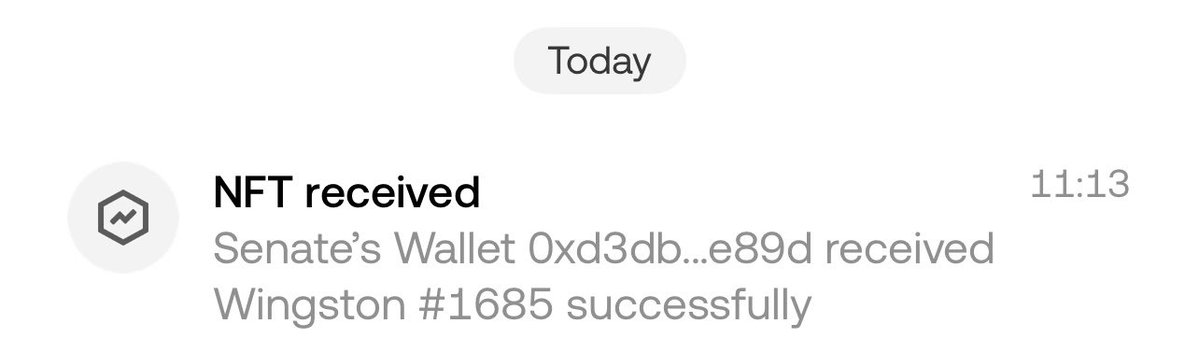 A mobile notification from Today at 11:13 reads "NFT received - Senate's Wallet 0xd3db...e89d received Wingston #1685 successfully," confirming the user's acquisition of the Wingston #1685 NFT from Rally via the transaction sent by @seymirel.