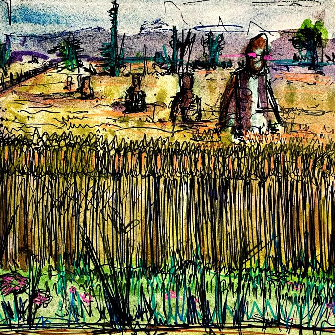 A rough, sketchy mixed-media drawing of a field of tall grass or crops in the foreground, with shadowy figures and a small structure in a rural landscape.