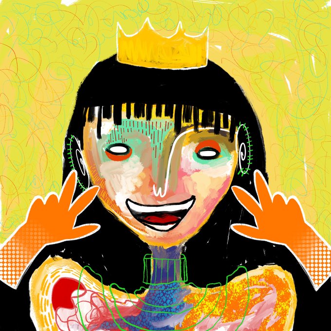 A vibrant, mixed-media style digital portrait of a smiling woman wearing a yellow crown, with long black hair, raised orange hands, and abstract colorful features, set against a yellow patterned background—presented as the "Pretty Queen 1/1" NFT on xrp.cafe.