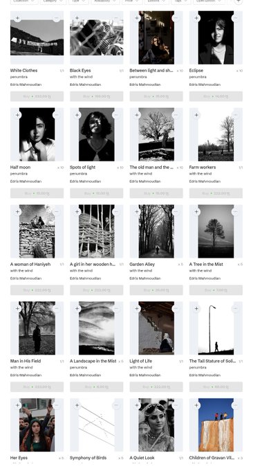 A screenshot of a stock photo website showing a grid of black-and-white photos including titles like 'White Clothes', 'Black Eyes', 'Eclipse', and 'A Quiet Look' attributed to user 'Edris Mahmoudian'.
