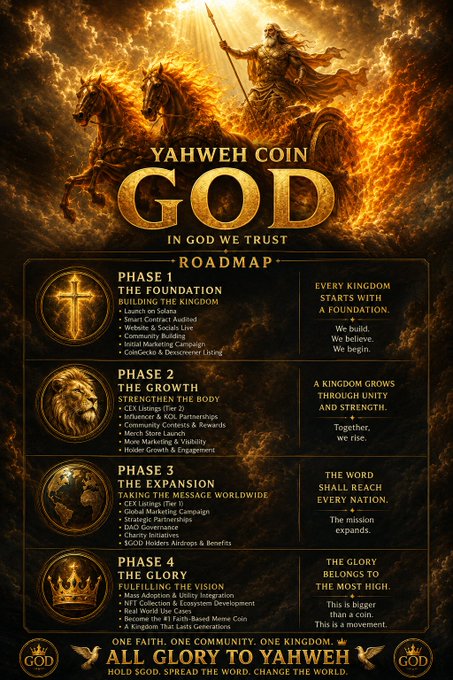 Roadmap graphic for 'Yahweh Coin' ($GOD) with the tagline 'In God We Trust,' detailing four phases: Foundation, Growth, Expansion, and Glory, culminating in a faith-based meme coin ecosystem.