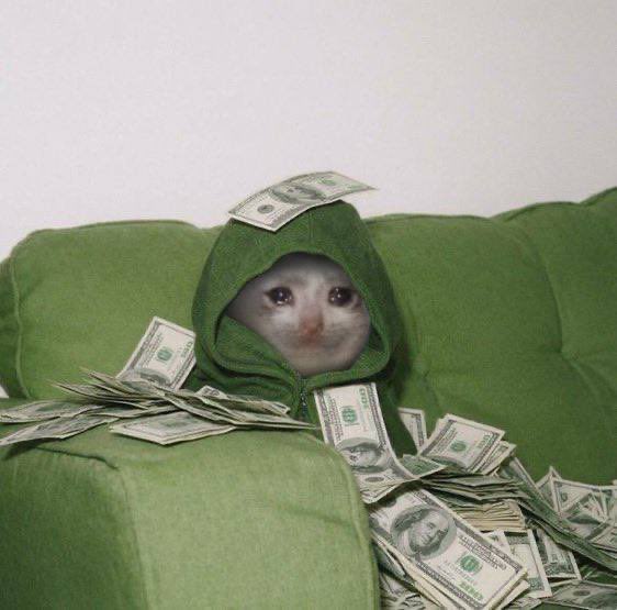 A small cat peeks out from a green hooded blanket on a green couch, surrounded by a massive pile of U.S. $100 bills with a bill balanced on its head—humorously portraying the "CashCat" as an extravagant, money-covered feline, fitting the post's joke about buying more of the $CASHCAT ticker.