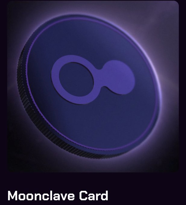 A dark purple metallic card glows with an iridescent halo, featuring a stylized infinity-like symbol embossed in its center, labeled "Moonclave Card" beneath. The image visually represents the beta access ticket being offered, matching the post's announcement about claiming Moonclave Cards via Discord for a chance at the $10k reward pool.