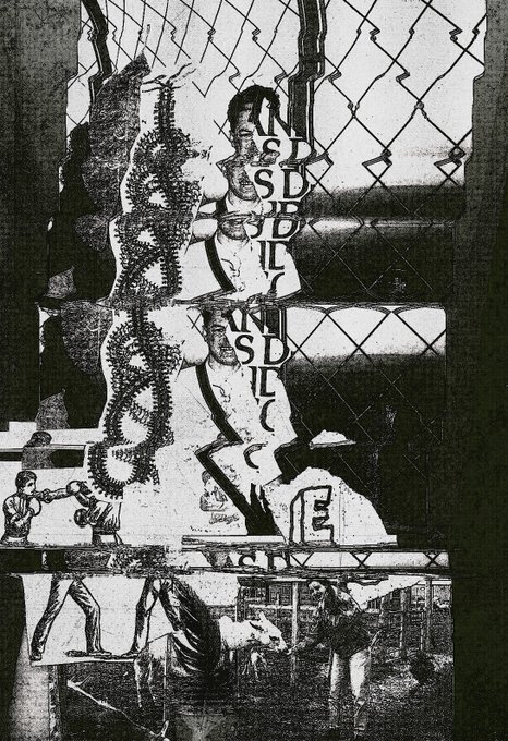 A black-and-white graphic composition features a person standing behind a chain-link fence with the repeated vertical text 'NSDILC', alongside various collaged illustrations.