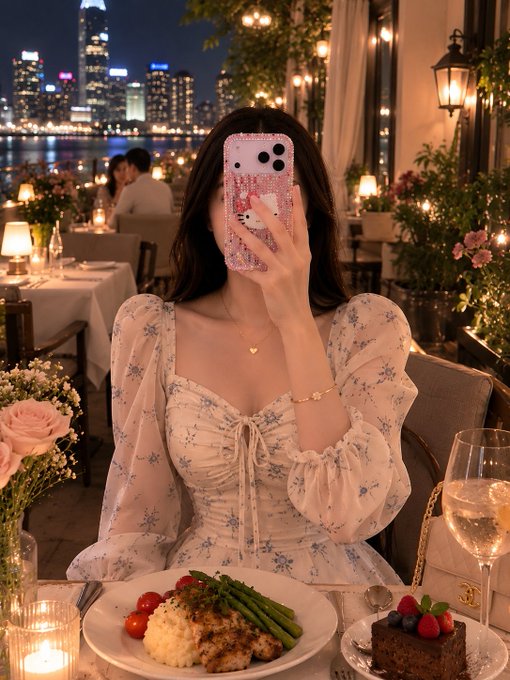 A woman takes a mirror selfie at a beautifully lit riverside restaurant with a city skyline at night, with elegant dishes including asparagus, rice, and a chocolate dessert on the table in front of her. The image accompanies a post asking crypto followers to choose between $XRP, $ETH, $SOL, $BNB, or $BTC before bed, visually representing a relaxed "good night" moment to engage the audience.