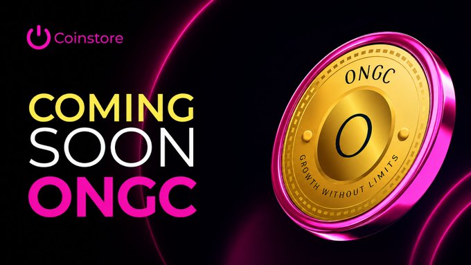 A promotional graphic for Coinstore announces that $ONGC is "COMING SOON," featuring a 3D gold and pink coin with the ticker "ONGC" and the tagline "GROWTH WITHOUT LIMITS," alongside the Coinstore logo on a dark background with pink neon accents.