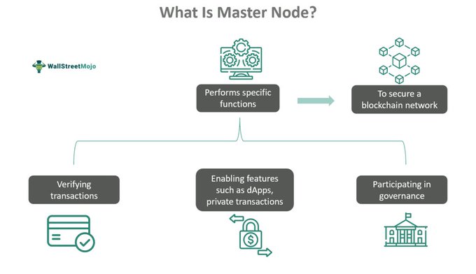 An infographic titled 'What Is Master Node?' from WallStreetMojo explaining that master nodes perform specific functions to secure a blockchain network through verifying transactions, enabling dApps and private transactions, and participating in governance.