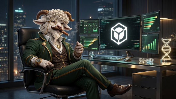 An anthropomorphic goat character dressed in an elegant green suit smokes a cigar while seated at a desk with multiple monitors displaying charts and a glowing 3D cube logo, with a city skyline visible through the window behind.