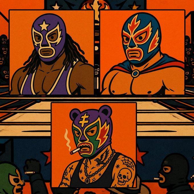 Three illustrated luchador wrestlers are shown against an orange background in a comic-style poster, with various masks, tattoos, and cigarette details.