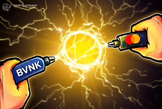 A Cointelegraph illustration depicting two hands holding cables labeled 'BVNK' and 'mastercard' connected to a glowing, lightning-filled orb in the center.