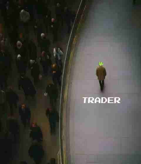 An aerial view showing a lone man with a glowing green sprout icon on his head walking on the right, contrasted against a dense crowd of people on the left, labeled with the text "TRADER".
