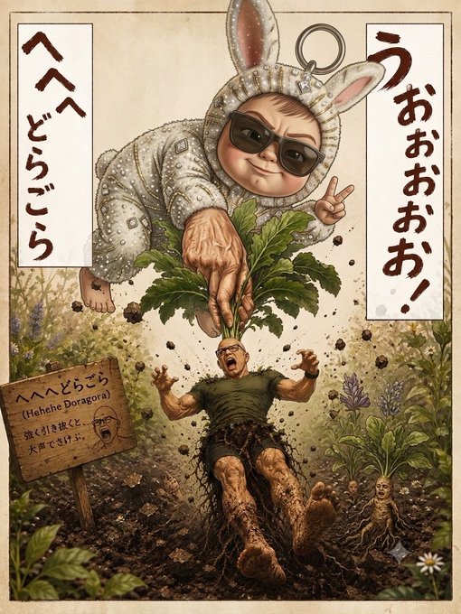 A surreal Japanese-style illustration featuring a large baby in bunny pajamas and sunglasses hovering above a screaming man emerging from soil, with Japanese text reading 'うぉぉぉぉ!' and 'へへ、どうごら (Hehehe Doragora)'.