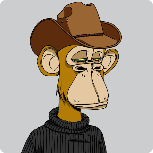 A cartoon illustration of a Bored Ape-style monkey wearing a brown cowboy hat and a black ribbed turtleneck sweater, with a somewhat sleepy or unimpressed expression.