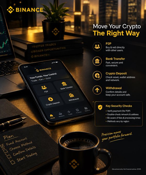 A Binance promotional image with the headline 'Move Your Crypto The Right Way,' detailing P2P, Bank Transfer, Crypto Deposit, and Withdrawal options.