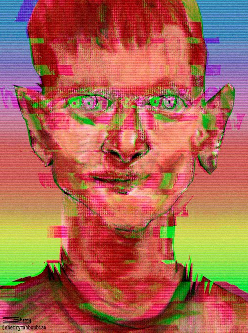 A glitch-style digital portrait artwork of a person rendered in vibrant red and green pixelated colors, signed 'sherry mahboubian' in the bottom left corner.