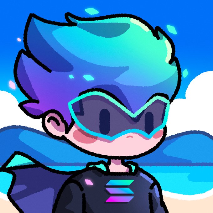 An anime-style avatar illustration of a blue-haired character wearing futuristic teal sunglasses against a sky-blue background with clouds.
