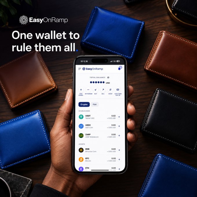 A promotional image for 'EasyOnRamp' features a hand holding a smartphone displaying a crypto wallet app interface with assets like USDT, USDC, ZARP, BNB, BTC, and ETH, set against a backdrop of various leather wallets with the text 'One wallet to rule them all.'