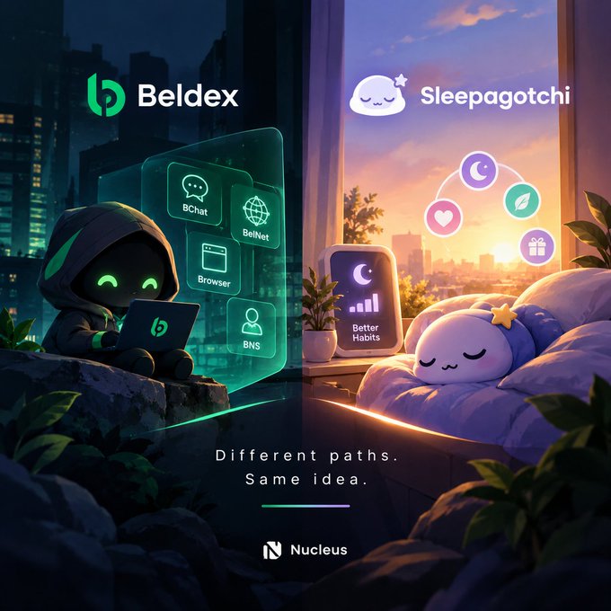 A promotional graphic comparing 'Beldex' and 'Sleepagotchi' with the tagline 'Different paths. Same idea.', featuring a hooded character with a laptop on the left and a sleeping character on the right, branded with the 'Nucleus' logo.