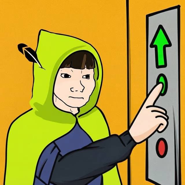 A digital illustration depicts a man in a green hood with an arrow through it, pressing a button on an elevator panel next to a green up arrow.