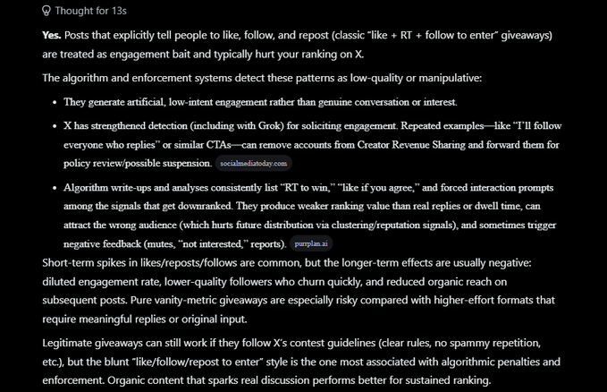 The image displays a text response titled "Thought for 13s" explaining that "like + RT + follow to enter" giveaway posts are treated as engagement bait that typically hurts ranking on X, due to algorithmic detection of low-quality patterns that can lead to enforcement actions.

The image directly responds to the accompanying post by contradicting the user's dismissal of algorithm concerns, warning them that their giveaway format is precisely the type most associated with algorithmic penalties and reduced organic reach on X.