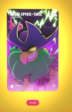 A digital collectible card from Claynosaurz features "Toxic Spike-Tail," a menacing cartoon dinosaur with a purple spiked crest, glowing yellow eyes, and a green beard, displayed above a "COLLECT" button. The card aligns with the post about opening Claynosaurz packs and working toward completing sets.