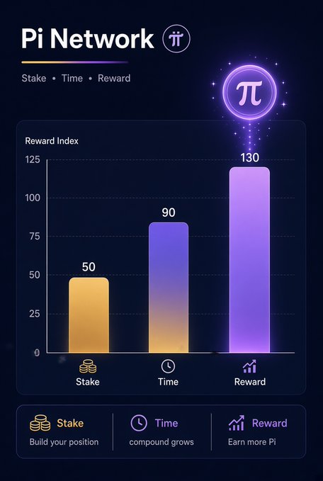 The image is a stylized infographic titled "Pi Network" with the tagline "Stake • Time • Reward," showing a glowing purple Pi coin logo, a "Reward Index" bar chart where Stake equals 50, Time equals 90, and Reward equals 130, and three icons at the bottom for Stake ("Build your position"), Time ("compound grows"), and Reward ("Earn more Pi"). It visually reinforces the accompanying post's message about Pi Network releasing a staking data API that lets developers see the effective stake, including amount and duration boosts, a user specifically gets for their app.