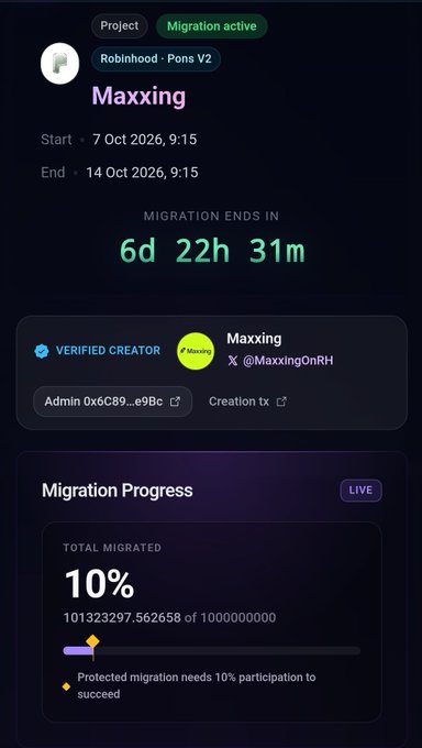 A mobile app screen for a 'Project' titled 'Maxxing' (Robinhood - Pons V2) shows 'Migration active' with an end date of '14 Oct 2026' and 'Migration Progress' at '10%' total migrated.