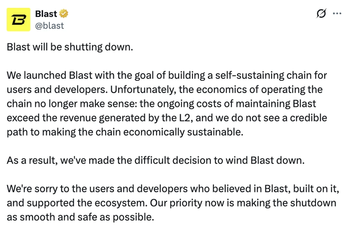 An official tweet from 'Blast @blast' announces: 'Blast will be shutting down,' citing unsustainable economics of operating the L2 chain, with an apology to users and developers.