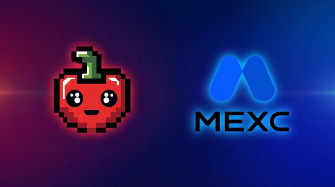Graphic showing a pixel-art red bomb character with a '1' on top next to the blue MEXC cryptocurrency exchange logo against a dark gradient background.