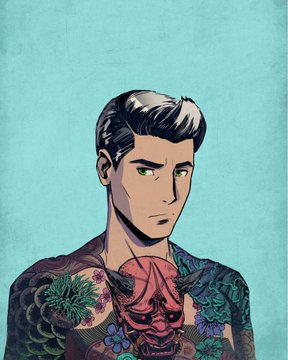 An illustrated portrait of a man with gray hair and green eyes, featuring traditional Japanese tattoos including a chrysanthemum, a red Hannya mask, and koi fish against a teal background.