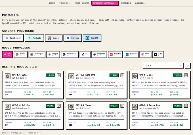 A webpage titled 'Models' on the OpenCap Gateway showing various AI models like GPT-5.6 Luna, Luna Pro, Sol, Sol Pro, Terra, and Terra Pro with their pricing in USD per million tokens.