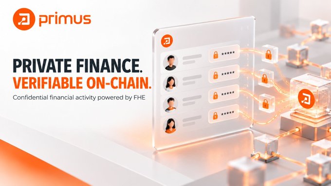 A Primus-branded graphic reads “PRIVATE FINANCE. VERIFIABLE ON-CHAIN.” and “Confidential financial activity powered by FHE,” illustrating encrypted financial records connected across glowing blocks.