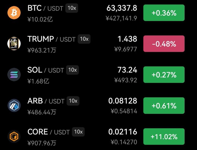 A cryptocurrency trading interface displays real-time prices and 24-hour price changes for several trading pairs including BTC/USDT ($63,337.80, +0.36%), TRUMP/USDT (1.438, -0.48%), SOL/USDT ($73.24, +0.27%), ARB/USDT ($0.08128, +0.61%), and CORE/USDT ($0.02116, +11.02%).