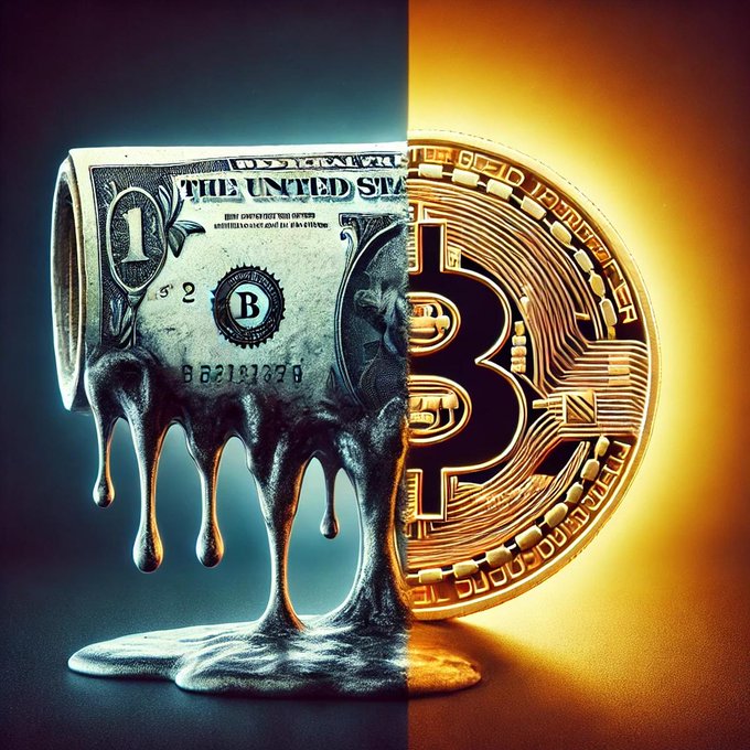 The image shows a melting US dollar bill on the left and a glowing golden Bitcoin on the right, symbolizing the shift from traditional fiat currency to cryptocurrency. Text visible includes "THE UNITED STA[TES]," "1," "B," and "52," alongside a Bitcoin "B" symbol. This visually reinforces the post's message about investing in Bitcoin before it reaches $300,000, contrasting the deteriorating value of fiat money with the bright promise of crypto gains.