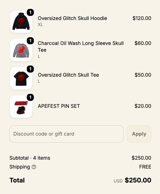 An online shopping cart lists four items totaling $250.00 USD: 'Oversized Glitch Skull Hoodie' XL ($120.00), 'Charcoal Oil Wash Long Sleeve Skull Tee' L ($60.00), 'Oversized Glitch Skull Tee' L ($50.00), and 'APEFEST PIN SET' ($20.00).