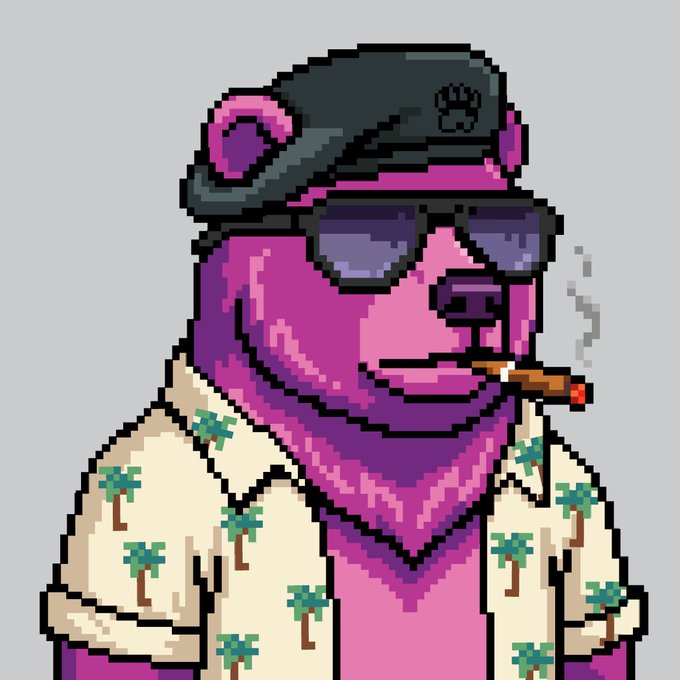 A pixel-art illustration of a purple bear wearing a black cap, dark sunglasses, a Hawaiian shirt patterned with palm trees, and smoking a cigar, evoking a laid-back, retro vibe that fits the casual, giveaway-style tweet announcing a free mint of 2,626 NFT spots on the Robinhood chain in partnership with @BearBits_eth.