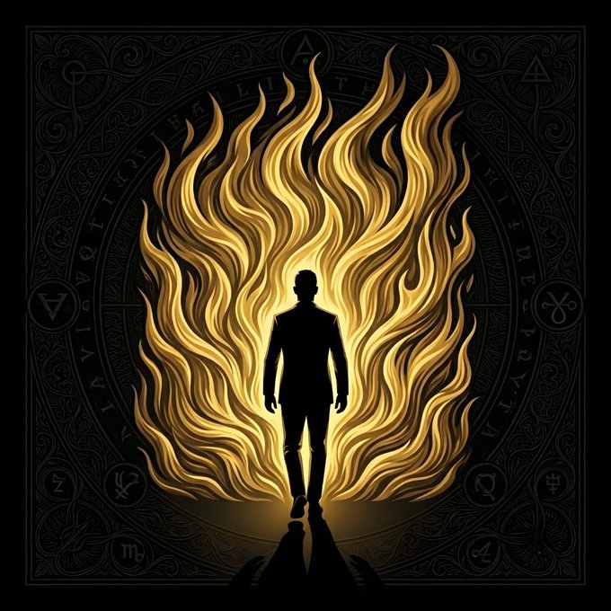 The image features a man walking through a burning flame, with the flames licking his face as he walks away from them. The background is black, which contrasts with the bright yellow fire that burns behind him. The caption of the image reads "Not every fire destroys what you're made of". This message seems to be related to the theme of the image and could be interpreted in various ways depending on the viewer's perspective.

The man walking through the flames is depicted as a symbol of strength, resilience, or even danger, depending on how one views it. The burning flame behind him represents destruction, but also the potential for transformation or illumination. Overall, the image evokes a sense of mystery and intrigue, inviting viewers to contemplate its deeper meaning and significance.