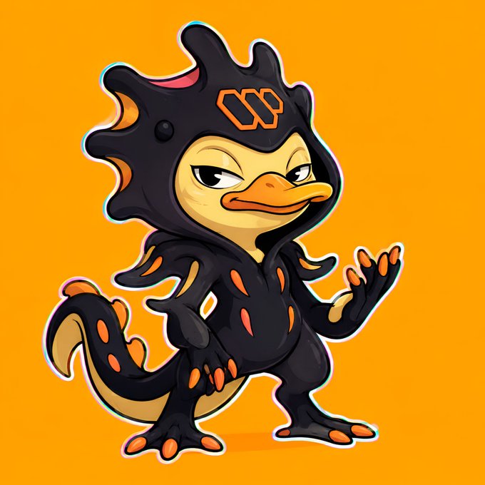The image features a cartoon duck character dressed up as a dinosaur, standing against an orange background with its arms outstretched. The duck has a unique appearance that includes a black and orange suit, giving it a fierce and menacing look. The text "Good Night my luvs @wallchain @leaf_swan" is present in the image, which seems to be related to the post about the cartoon character.
