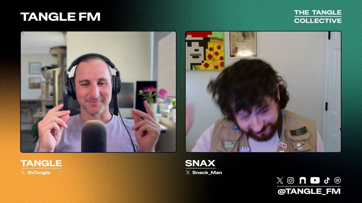 The image shows two men wearing headphones, with one man holding a microphone while the other man has his head tilted back as if he's about to make a funny face or gesture. The background features a green wall with a white door on the right side of the frame and a picture hanging above it. Below this scene is a post that reads "Tangle FM" in orange letters, followed by a caption that says "@snack_man joins me to talk about the story behind @Pizza_DAO". The image also contains text that reads "@Pizza_DAO", which could be related to the conversation between the two men.