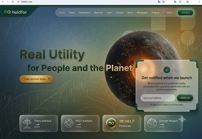 A screenshot of the heldfor.com website homepage displays 'Real Utility for People and the Planet' with a 'Get notified when we launch' pop-up for the Helfor ecosystem.