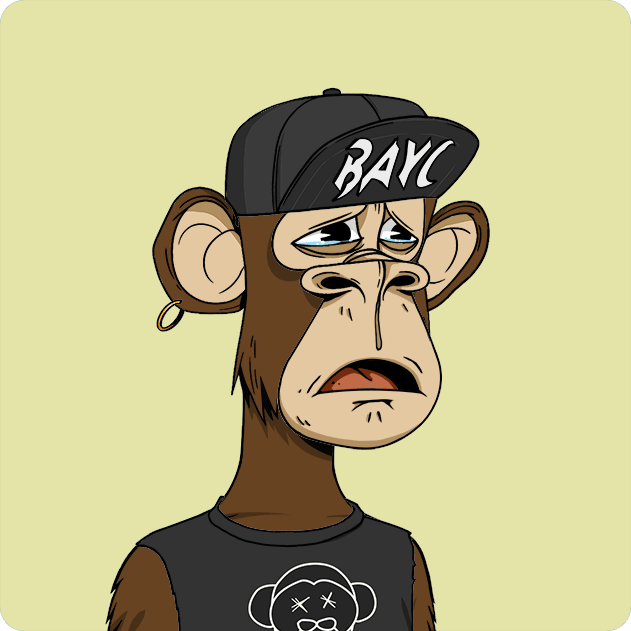 The image features a cartoon monkey wearing a black baseball cap with "BAYC" written on it, as well as a t-shirt that says "bored ape". The monkey appears to be looking sad or disinterested, possibly due to boredom. The background of the image is yellow, which contrasts with the brown fur of the monkey and adds to its overall appearance. The post about the monkey's purchase for 8.99 ETH seems unrelated to the main subject of the image, but it could potentially be a reference to the Monkey King video game series or another popular animated franchise involving monkeys.