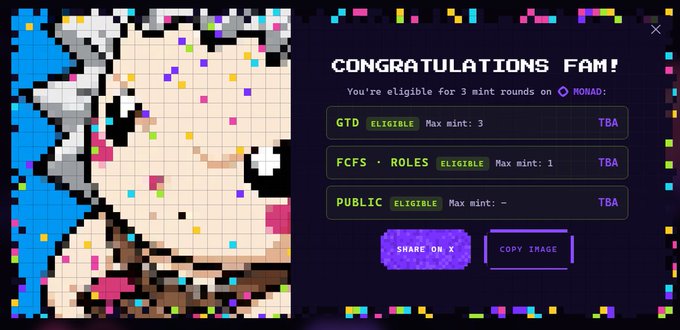 Pixel art NFT minting interface showing 'CONGRATULATIONS FAM!' with eligibility information for GTD, FCFS-ROLES, and PUBLIC mint rounds, featuring a portrait-style pixel art character.