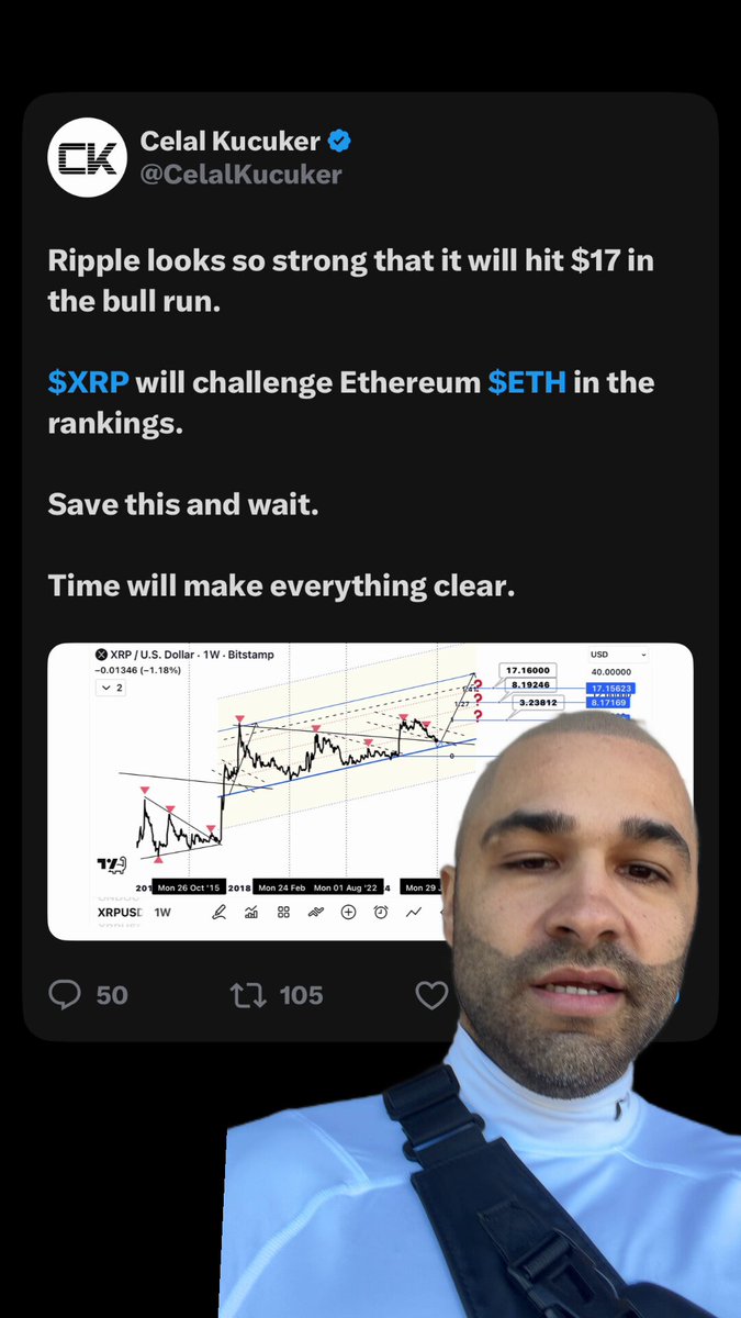 The image shows a man wearing a backpack, posing for a photo with an Instagram account caption about Ripple cryptocurrency at its most realistic price outcome for next year, which seems to be $17.