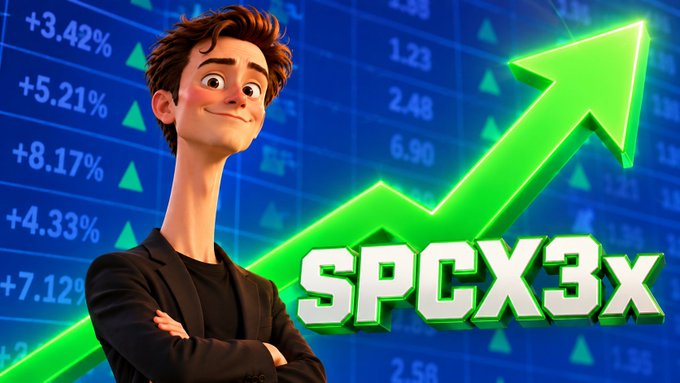 A promotional image featuring a 3D animated character with a green upward stock chart arrow and the text 'SPCX3X' displayed prominently.