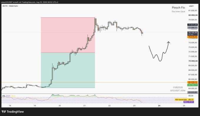 A TradingView chart of the Piesch.fi (USDT) Bitcoin index with an annotated downward trend and a hand-drawn arrow suggesting a potential V-shaped recovery.
