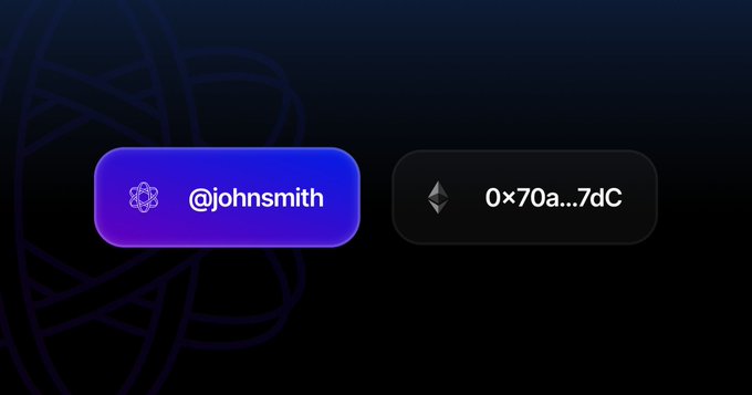 A dark interface showing two cryptocurrency wallet addresses, including '@johnsmith' on a purple background and an Ethereum address '0x70a...7dc' on a dark gray background.