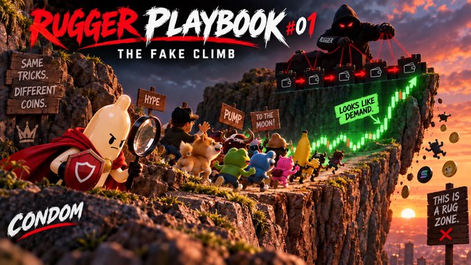 A colorful digital artwork titled 'RUGGER PLAYBOOK #01 - THE FAKE CLIMB' depicting cartoon characters on a mountain path with signs reading 'SAME TRICKS, DIFFERENT COINS', 'HYPE', 'PUMP', 'TO THE MOON!', and 'LOOKS LIKE DEMAND', alongside a shadowy 'RUGGER' figure manipulating strings.