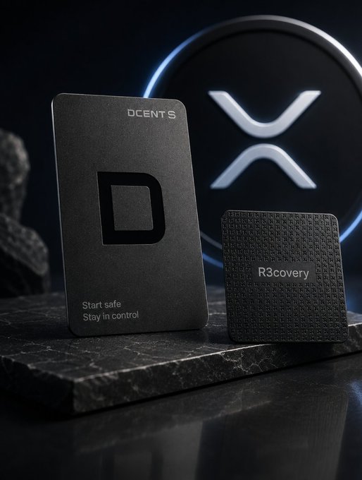 A product display of D'CENT S hardware cryptocurrency wallets, featuring a black card-style device with 'Start safe, Stay in control' and a recovery card, with a glowing XRP logo in the background.