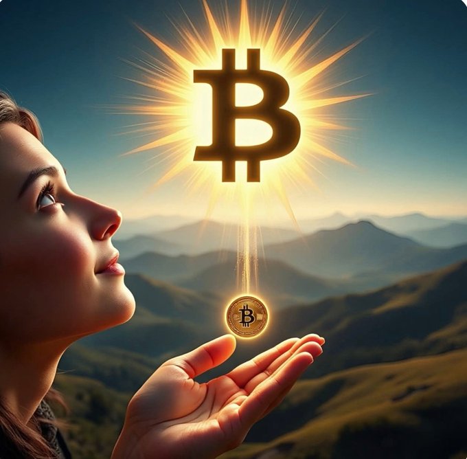 A woman gazes upward toward a glowing Bitcoin (₿) symbol radiating light, with a physical Bitcoin coin hovering above her outstretched palm against a mountainous landscape—symbolizing Bitcoin's ascension and growing independence as a mature, standalone asset.