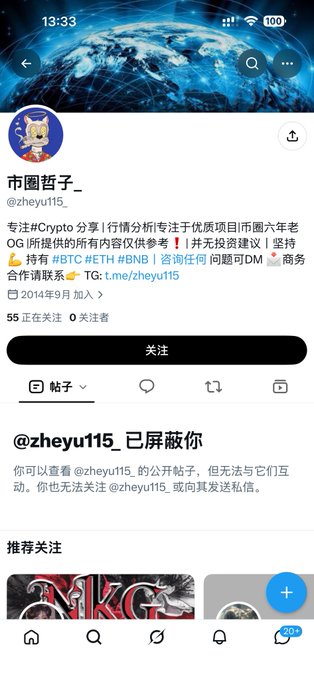 A mobile screenshot of a Chinese social media profile for "zheyu115_" displaying an announcement about a crypto analysis project and a blocked user notice.